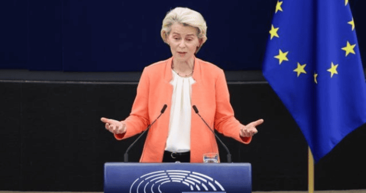 Ursula von der Leyen addressing the European Parliament this week—yet to declare her hand as the parliamentary elections loom (European Parliament)